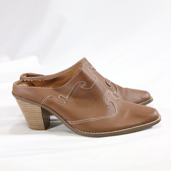Vintage Shoes - Western Style Brown Leather Low Back Point Mules Sz 8 US Women